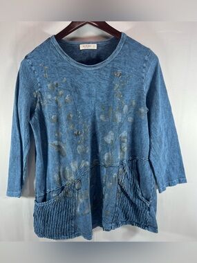 Jess & Jane Blouse Large Blue Mineral Wash Floral Asymmetric Pleated Art to Wear